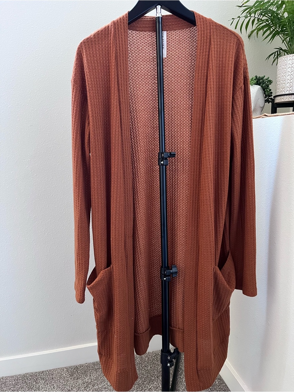 Tickled Teal Waffle-Knit Open Cardigan in Rust